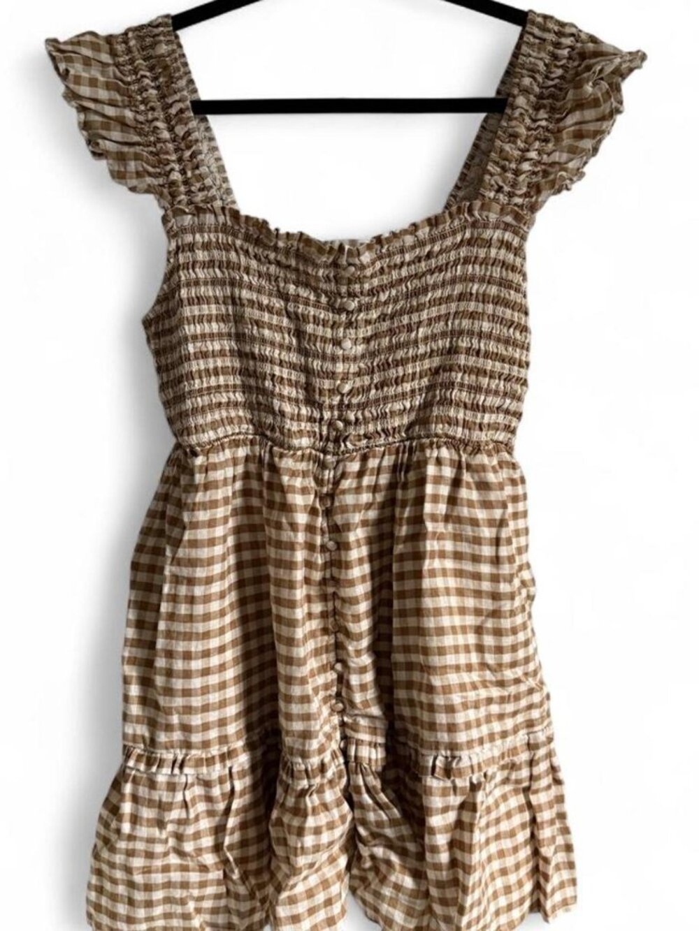 Anthropologie Brown and Cream Linen Smock Mini Dress, Size Large